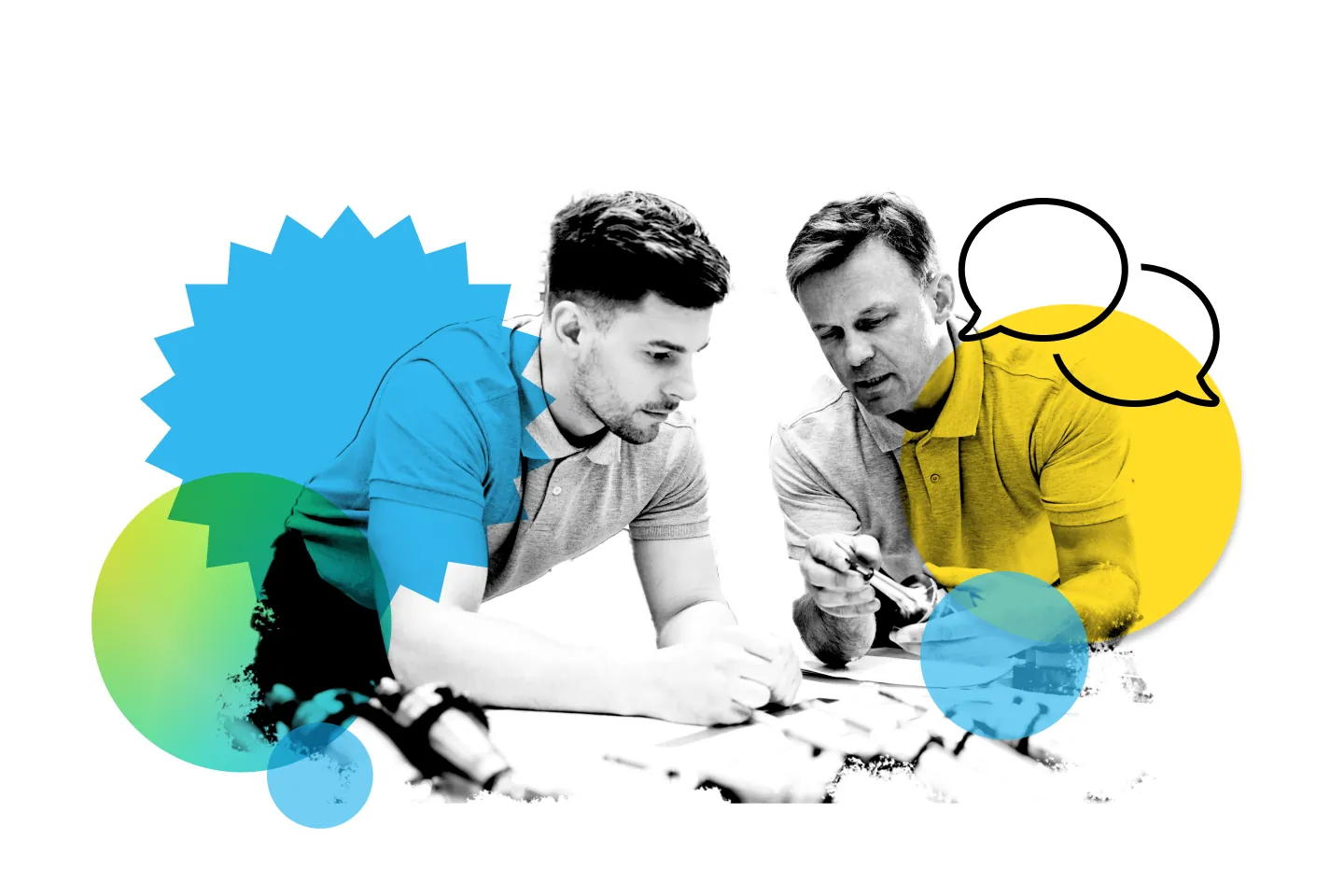 Collage: Auszubildender und erfahrener Kollege besprechen gemeinsam eine technische Arbeit an der Werkbank