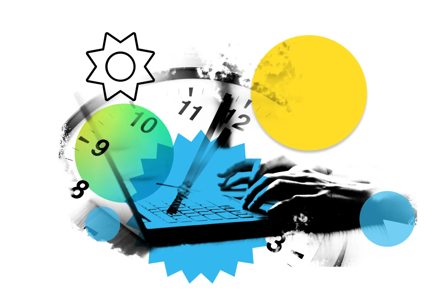Collage: Hände tippen auf einem Laptop, umgeben von einer Uhr als Symbol für die Zeiteinteilung zwischen Job und Studium